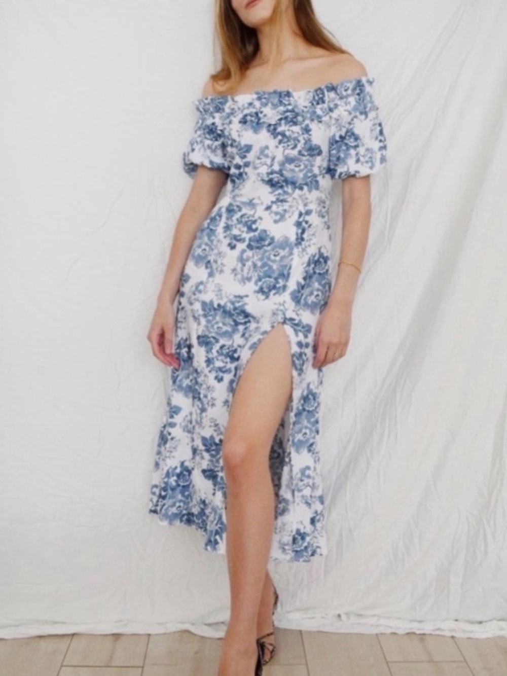 Reformation Marley Linen Midi Dress Size 4 Blue Floral